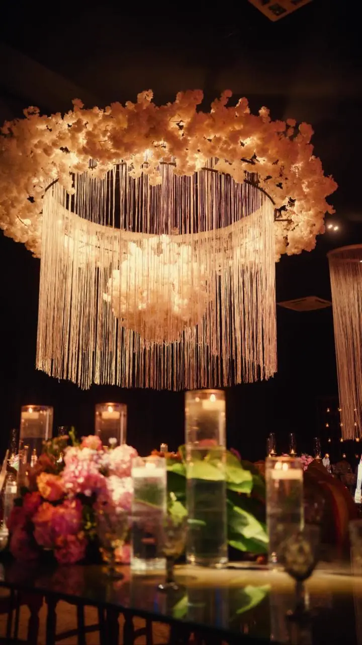 Lustre de franjas com flores e velas