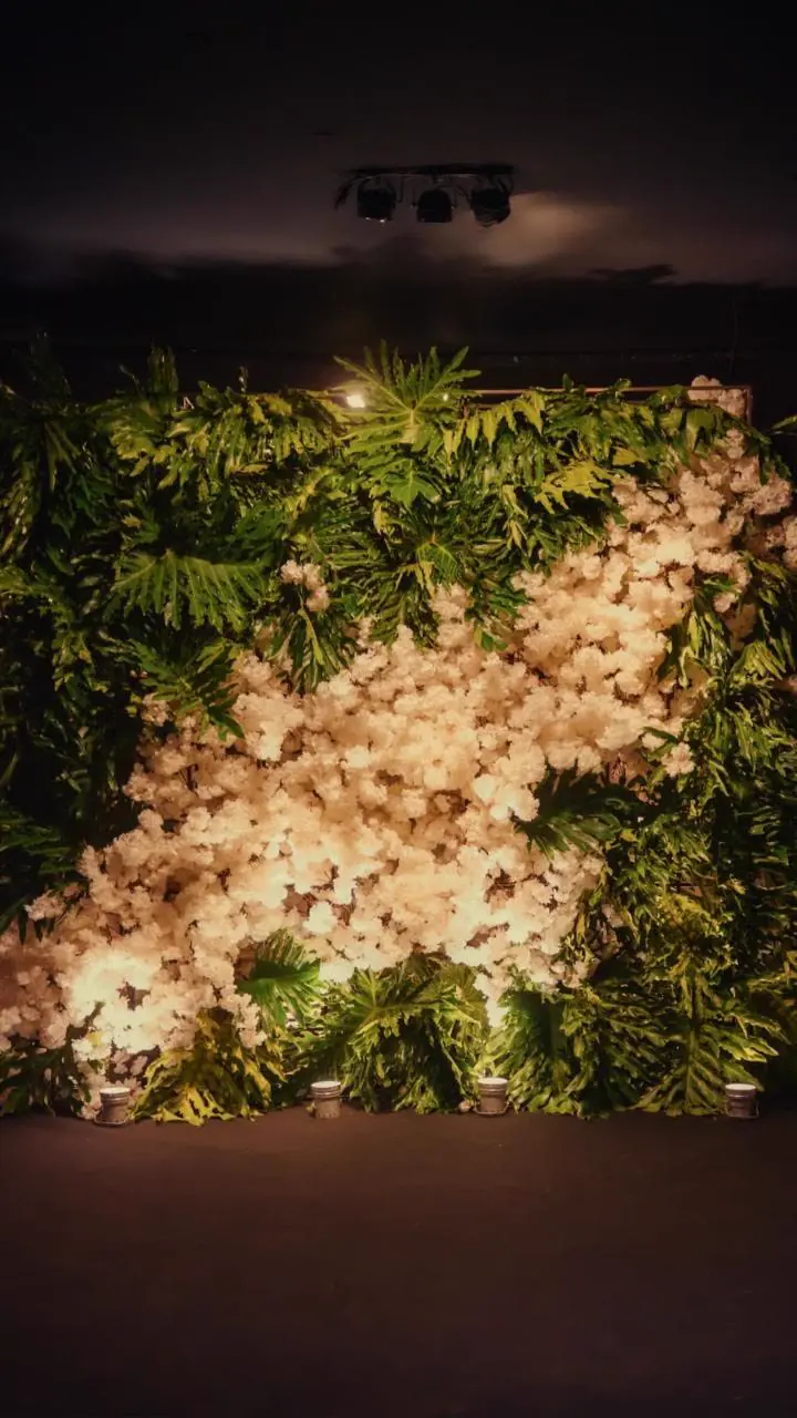 Parede de flores brancas com folhagem